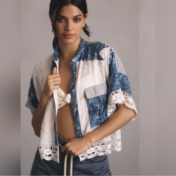 Pilcro by Anthropologie Patchwork Cabana Shirt Size Large Blue White Button Down - Picture 1 of 8